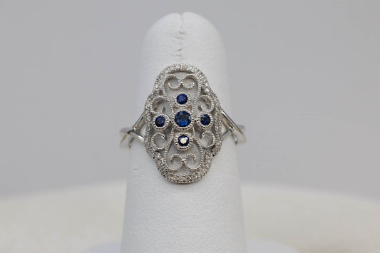 10k White Gold Diamond and Sapphire Filigree Estate Style Ring
