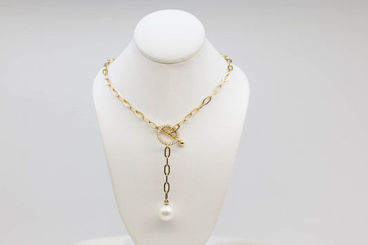 14k Yellow Gold Paperclip Chain with a Drop Pendant Style Cultured Pearl and Diamonds