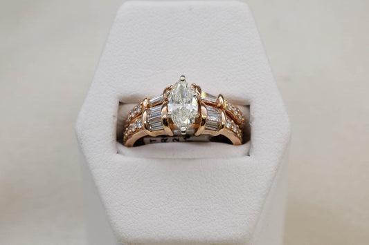 14K Rose Gold with Center Marquise Diamond Ring (With Matching Band)