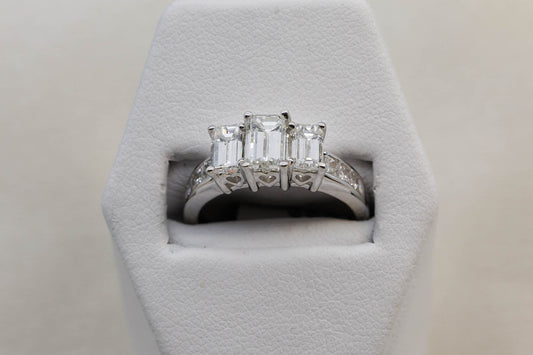 14K White Gold 3 Stone Emerald Cut Diamond Ring