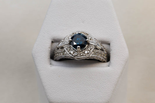 14K White Gold and Blue Diamond Engagement Ring