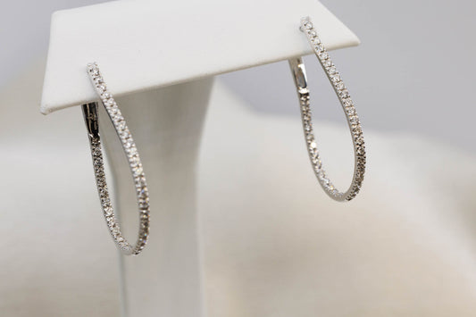 14K White Gold and Diamond Inside Out Style Oval Hoop Earrings