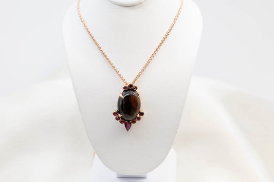 14K Rose Gold Necklace with Hand Fabricated Tigers Eye and Ruby Pendant